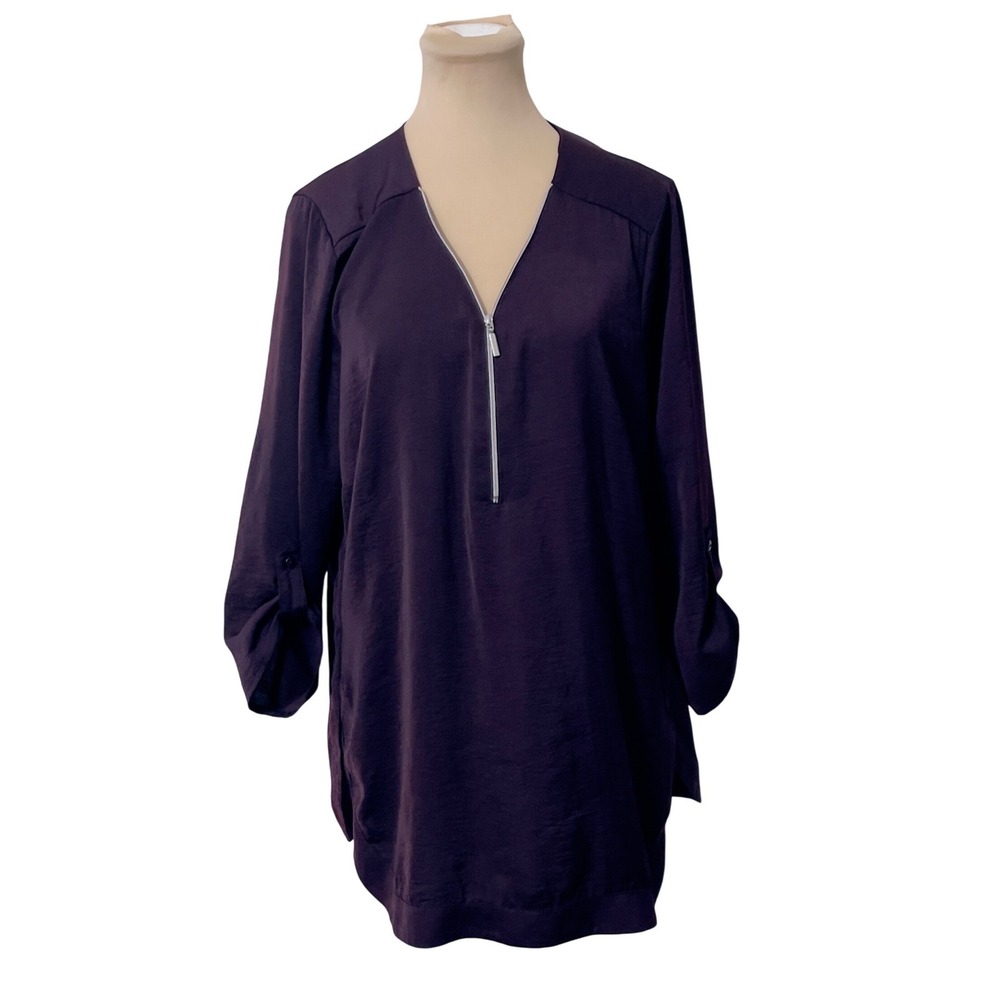 Renuar Womens Purple Quarter Zip Roll‎ Tab Sleeve Tunic Blouse No Size Tag